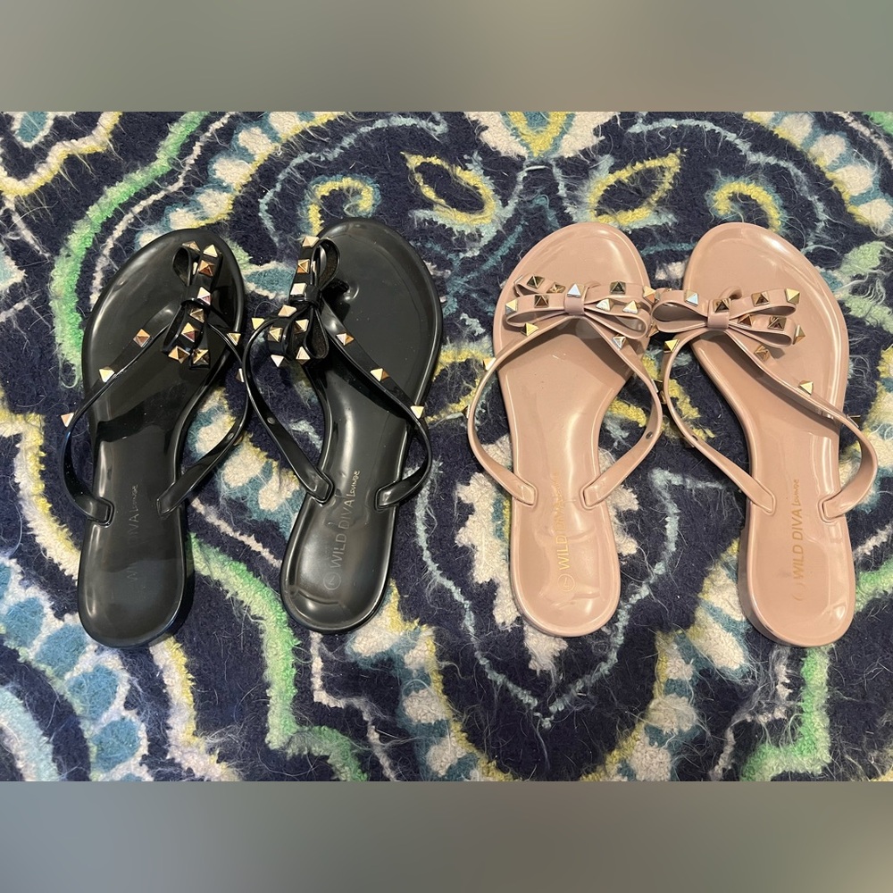 Two Pairs of Size 7 Wild Diva Studded Jelly Slides